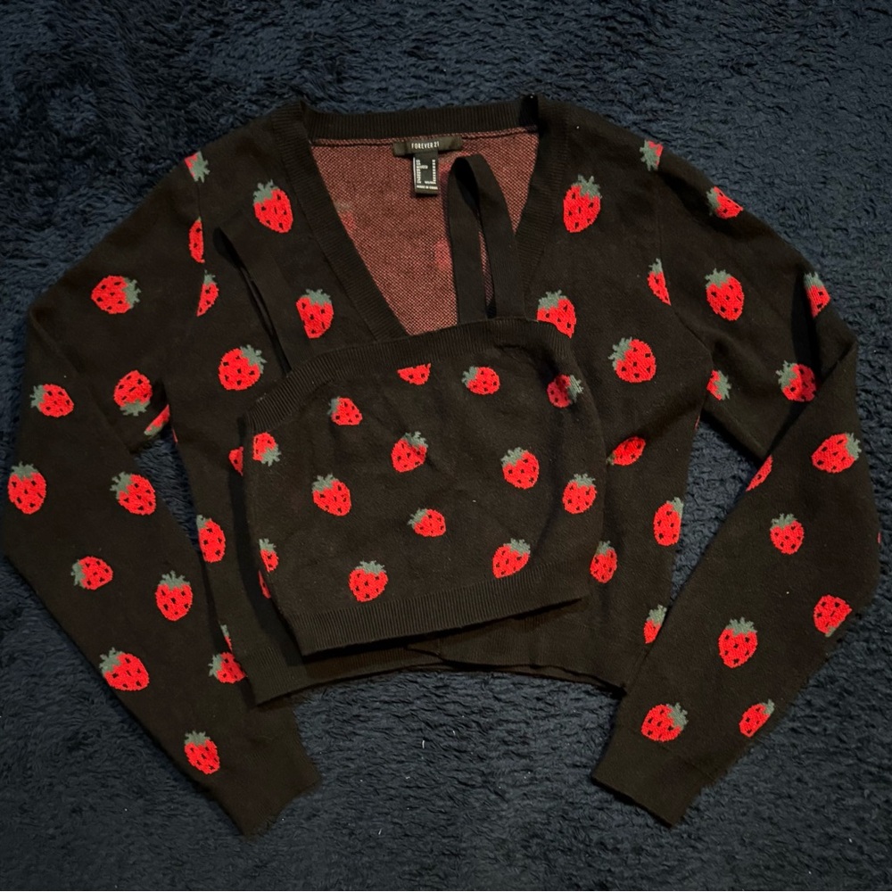 Strawberry Patterned Black Sweater and Top Set